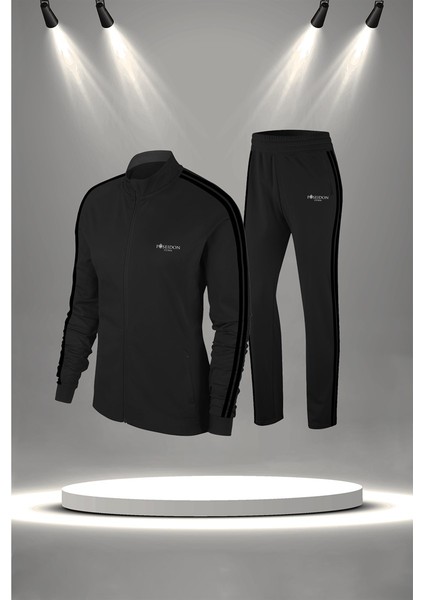 Kadın Siyah Supra Penye Kumaş Fit Regular Kalıp Yürüyüş Koşu Eşofman Seti (S-3xl)