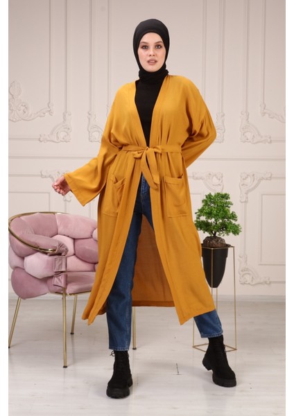 Kadın Çağla Kuşaklı Çift Cepli Kimono 5301