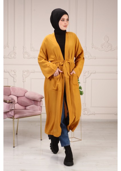 Kadın Çağla Kuşaklı Çift Cepli Kimono 5301