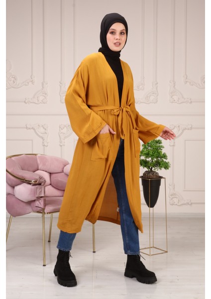 Kadın Çağla Kuşaklı Çift Cepli Kimono 5301