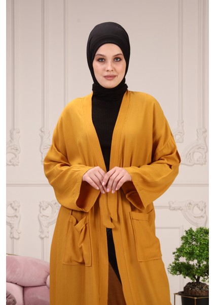 Kadın Çağla Kuşaklı Çift Cepli Kimono 5301