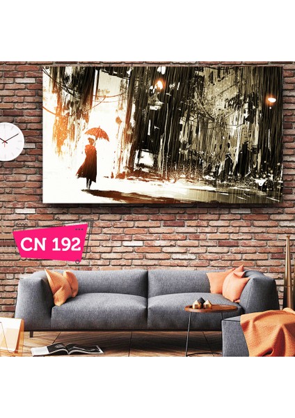 Şemsiyeli Kadın ve Yağmur Romantik Kanvas Tablo