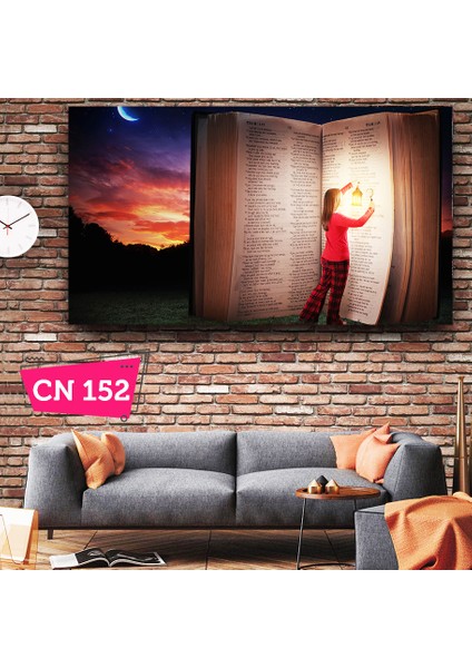 Gece Kitap Okuyan Pijamalı Kız / Kitap Sever Kardeşe Hediye Kanvas Tablo