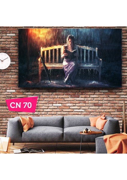 Yağmurda Kitap Okuyan / Kadın Kitapsever Kanvas Tablo / Mutluluk Veren Tablolar