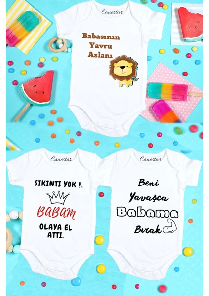 Bebek Giyim- 3'lü Bebek Zıbın Seti Özel Tasarım - Çıtçıtlı Body Baba Set