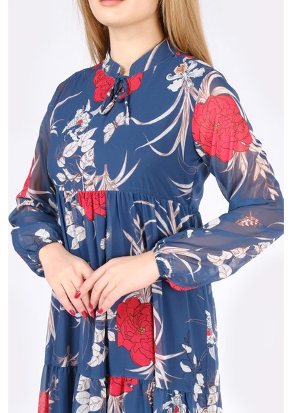 Kadın Desenli Şifon Elbise Indigo