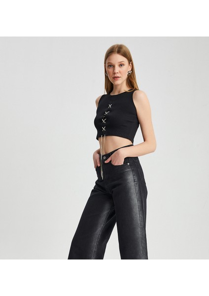Kadın Ön Zincir Bağlama Kolsuz Crop Body fiyatları