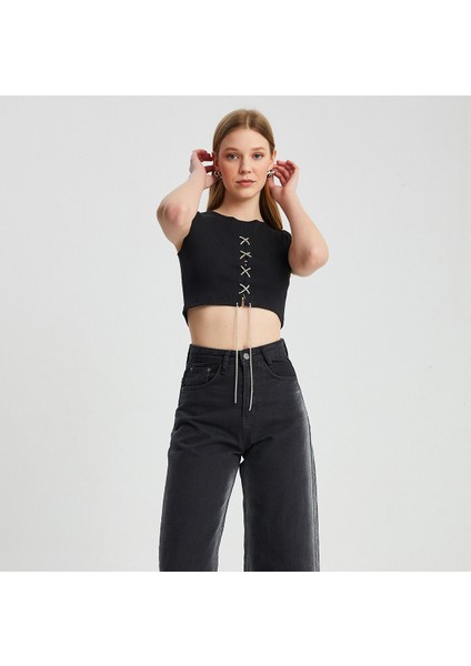 Kadın Ön Zincir Bağlama Kolsuz Crop Body modelleri
