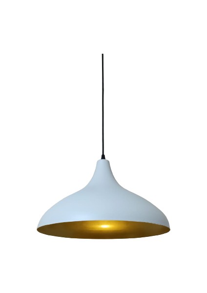 Retro Metal Dekoratif Rustik Kafe Mutfak Aydınlatma Beyaz Içi Gold Sarkıt Avize Çap:35 cm