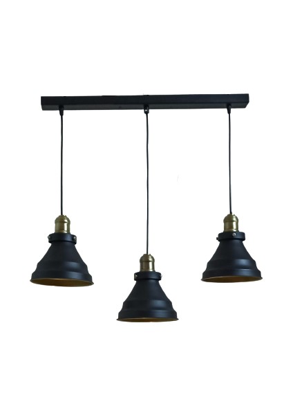 Retro Metal Siyah 3 Lü Masa Üstü Sıralı Dekoratif Rustik Sarkıt Avize 60 cm Genişlik