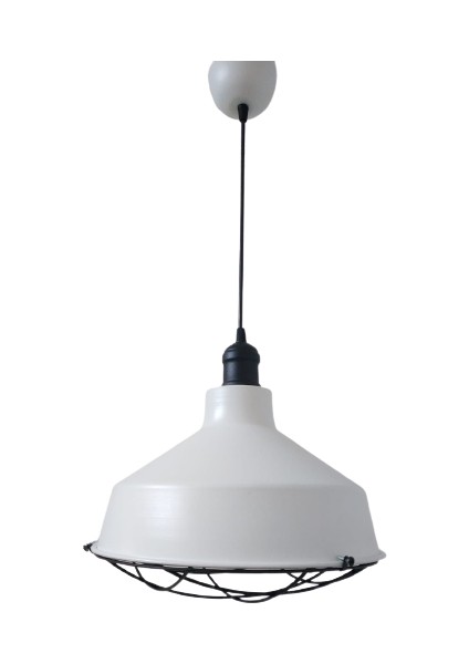 Retro Metal Dekoratif Beyaz Içi Beyaz Siyah Duylu Kafesli Tekli Sarkıt Avize Çap:30 cm