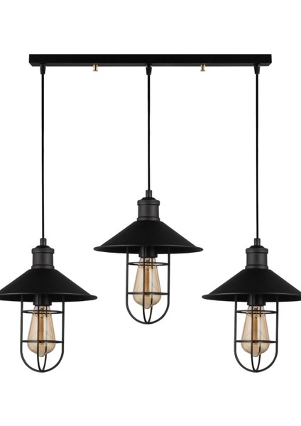Retro Metal Siyah Kafesli 3 Lü Masa Üstü Sıralı Sarkıt Avize 60 cm
