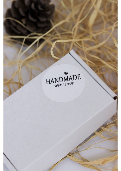 Hand Made With Love Yazılı Beyaz 40 mm Yuvarlak Yapışkanlı Sticker Etiket 120 Adet