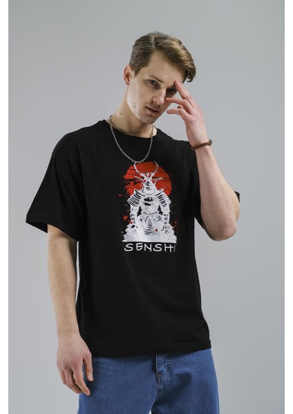 Senshi Önü ve Arkası Baskılı Erkek Oversize Tshirt