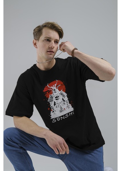 Senshi Önü ve Arkası Baskılı Erkek Oversize Tshirt