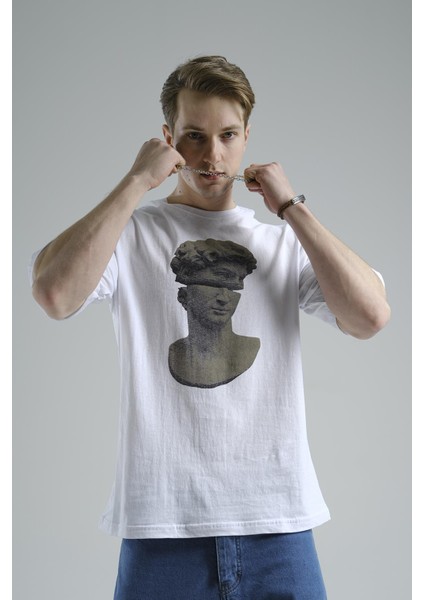 Michelangelo Heykel Baskılı Oversize Tshirt