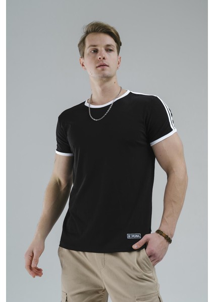 Marselon Kolu Şeritli Yakası Biyeli Slim Fit Likralı Erkek Tshirt
