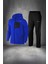 Erkek Mavi Supra Penye Kumaş Rahat Kapüşonlu Yürüyüş Takımı (S-3xl) 1