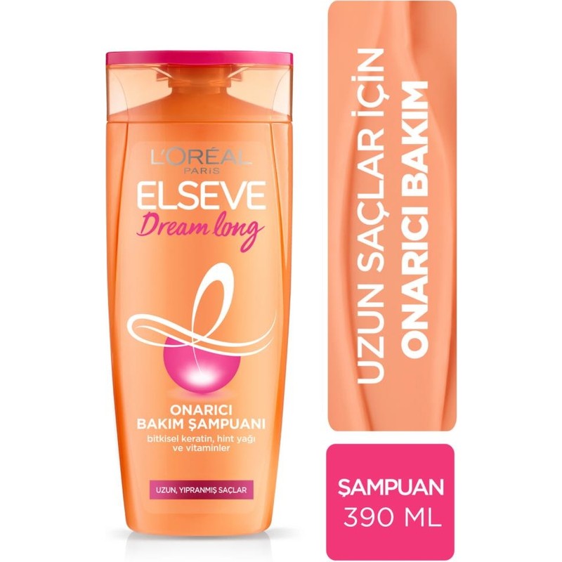 Elseve L'Oreal Paris Elseve Dream Long Onarıcı Şampuan 390 ml – Kırık Uç Onarımı ve Saç Uzatma Etkili, Tüm Saç Tiplerine Uygun