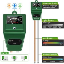 Aogo Higrometre 3in1 Toprak Nem Ph Metre Ölçer Işık Ölçer Hidroponik Analizörü Bahçe Dedektörü Bitki Prob