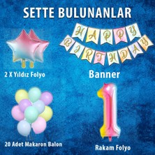 Patladı Gitti Gökkuşağı Konsepti 1 Yaş Doğum Günü Parti Kutlama Seti; Rakam ve Yıldız Folyo, Banner ve Makaron Balon