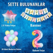 Patladı Gitti Gökkuşağı Konsepti 2 Yaş Doğum Günü Parti Kutlama Seti; Rakam ve Yıldız Folyo, Banner ve Makaron Balon