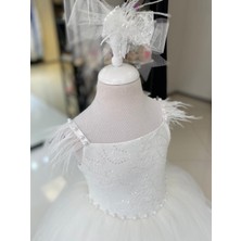 Black White Wedding Kız Çocuk Dantel Detaylı Prenses Elbise, Çocuk Abiye, Doğum Günü Konsepti Beyaz Tüylü Elbise