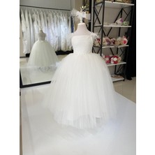 Black White Wedding Kız Çocuk Dantel Detaylı Prenses Elbise, Çocuk Abiye, Doğum Günü Konsepti Beyaz Tüylü Elbise