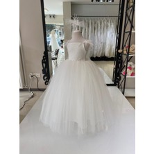 Black White Wedding Kız Çocuk Dantel Detaylı Prenses Elbise, Çocuk Abiye, Doğum Günü Konsepti Beyaz Tüylü Elbise