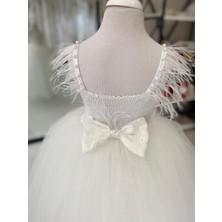 Black White Wedding Kız Çocuk Dantel Detaylı Prenses Elbise, Çocuk Abiye, Doğum Günü Konsepti Beyaz Tüylü Elbise