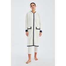 Peraluna Nara Long Cardigan %100 Pamuk Kapşonlu Kadın Triko Hırka Ekru/lacivert