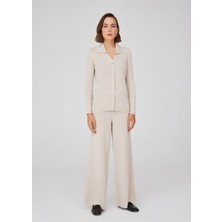 Peraluna Polo V Yaka Ribana Örgü Fit Kesim Kadın Triko Hırka Ekru Melanj