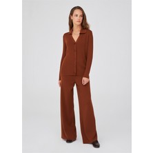 Peraluna Polo V Yaka Ribana Örgü Fit Kesim Kadın Triko Hırka Kahve