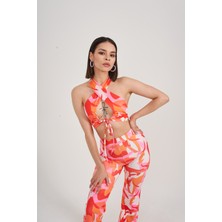 Holly Lolly Kadın Turuncu Crop Dekolteli Bel Bağlamalı Puffy Bluz