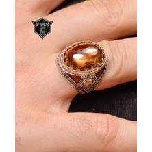 Prestige Gümüş Gümüş Erkek Yüzük Şampanya Topaz Taşlı Zirkon Taş Süslemeli