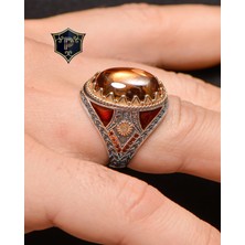 Prestige Gümüş Gümüş Erkek Yüzük Şampanya Topaz Taşlı Zirkon Taş Süslemeli
