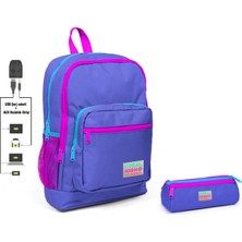 Coral High Mor Ilkokul Sırt Çantası ve Kalemlik Seti - Kız Çocuk - USB Soketli