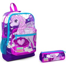 Coral High Kız Çocuk İçin Mor Unicorn Baskılı Sırt Çantası ve Kalemlik Seti 27x40x16 cm Ölçülerinde