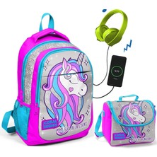 Coral High Pembe Unicorn Okul ve Beslenme Çantası - Kız Çocuk - USB Soketli