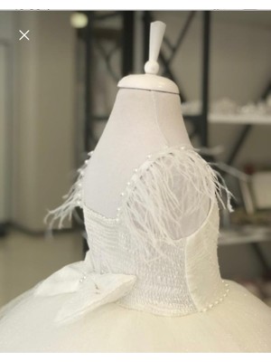 Black White Wedding Kız Çocuk Dantel Detaylı Prenses Elbise, Çocuk Abiye, Doğum Günü Konsepti Beyaz Tüylü Elbise