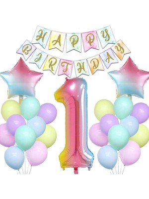 Patladı Gitti Gökkuşağı Konsepti 1 Yaş Doğum Günü Parti Kutlama Seti; Rakam ve Yıldız Folyo, Banner ve Makaron Balon