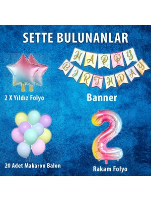 Patladı Gitti Gökkuşağı Konsepti 2 Yaş Doğum Günü Parti Kutlama Seti; Rakam ve Yıldız Folyo, Banner ve Makaron Balon