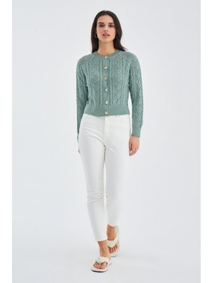 Peraluna Ella Cardıgan Ajur Detaylı Yazlık Düğmeli Kadın Triko Hırka Nil Yeşil