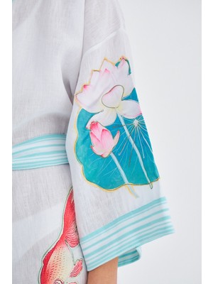 Peraluna Lotus Balık Aplikelii Keten Karışımlı Diz Altı Kadın Kimono Beyaz