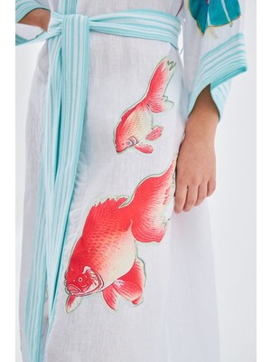 Peraluna Lotus Balık Aplikelii Keten Karışımlı Diz Altı Kadın Kimono Beyaz