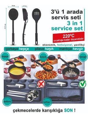 Karalı Plastik 3’ü 1 Arada Servis Seti Kepçe Kaşık Kevgir