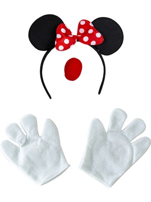 Niyet Minnie Mousse Fiyonklu Taç - Beyaz Eldiven - Kırmızı Burun - Parti - Eğlence