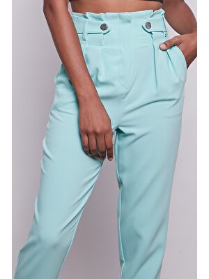 Jument Yüksek Bel Kemerli Pile ve Düğme Detaylı Şık Kumaş Pantolon -Mint