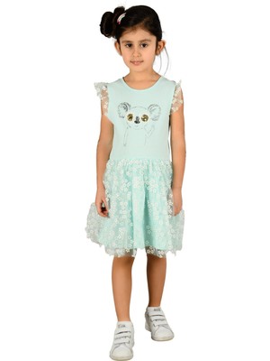 Silversun Mint Renkli Baskılı Kız Çocuk Papatya Desenli Elbise |ek 219047