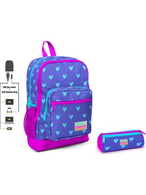 Coral High Kalp Baskılı Ilkokul Sırt Çantası ve Kalemlik Seti - Kız Çocuk - USB Soketli